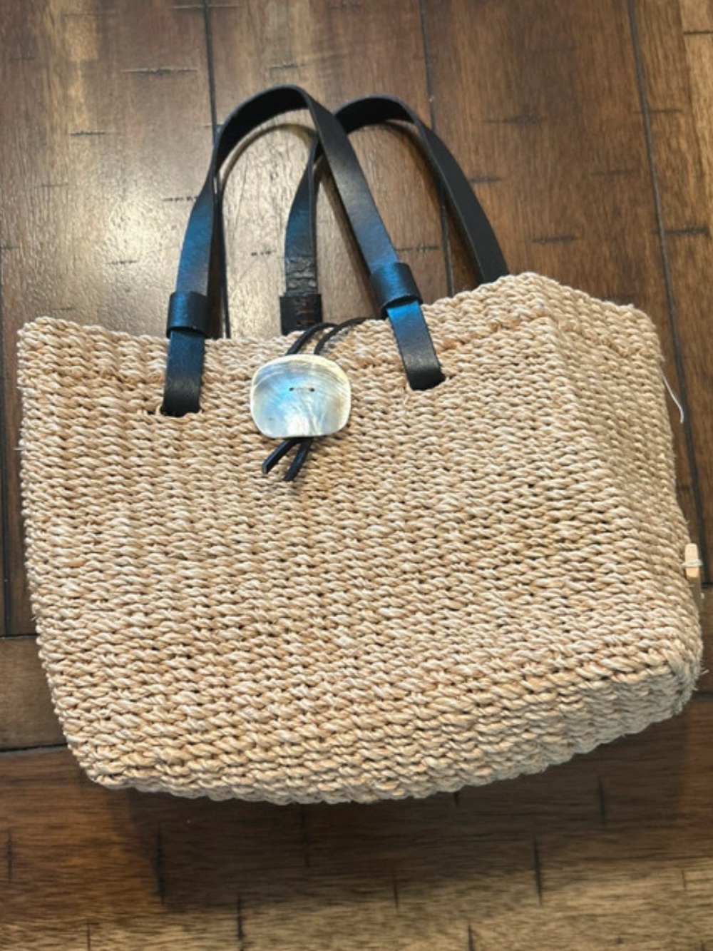 Nine West Woven Straw Tote Bag with Black Leather Handles